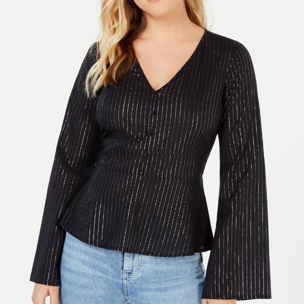 Black Sparkly Metallic Shimmer Bell Sleeve Top